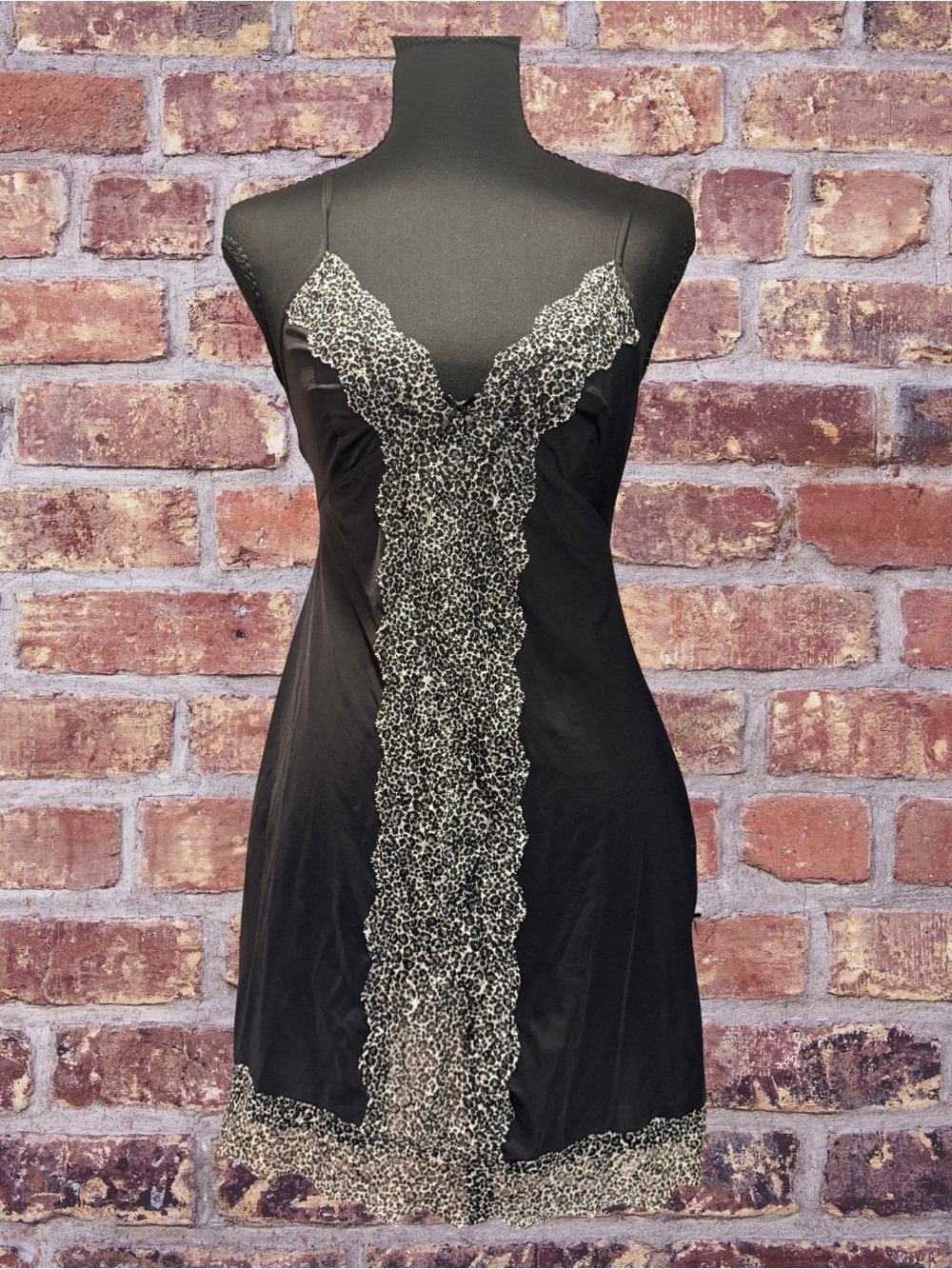 Victoria's Secret Black Slip Dress with Leopard-Print Lace